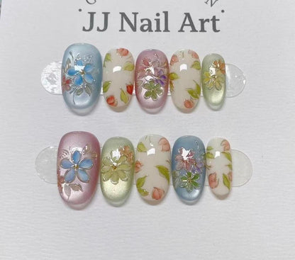 Colorful Petals Press On Nails: Custom Shape Reusable Set