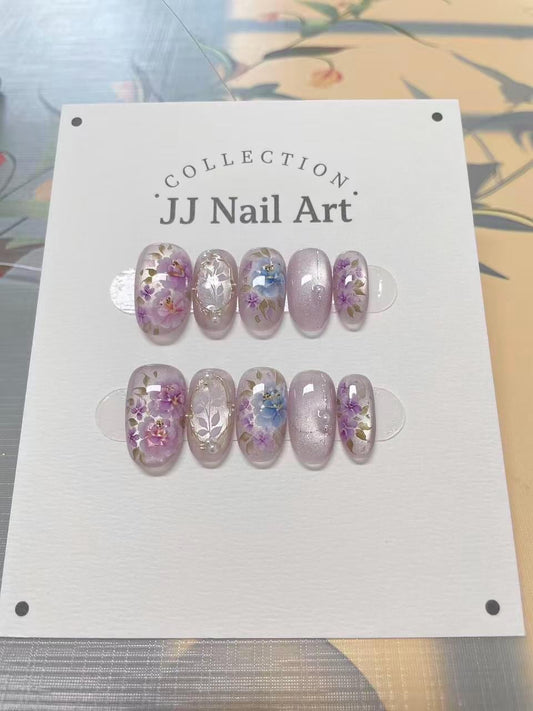 Handpainted Purple Florals Press On Nails: Reusable Set, Cat Eye Design