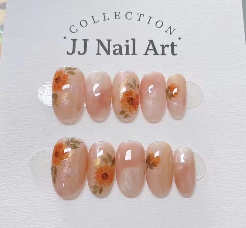 Handmade Orange Flowers Press On Nails: Reusable Set