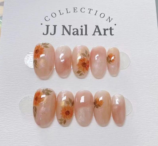 Handmade Orange Flowers Press On Nails: Reusable Set