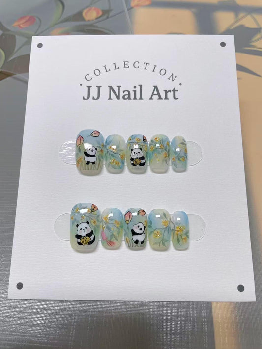 Hand Painted Pandas in Fall Press On Nails:  Artist Faux Nails