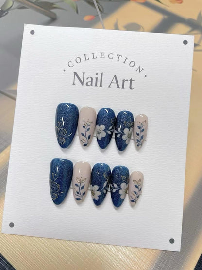 Blue Floral Press On Nails: Hand Painted Reusable Faux Nails