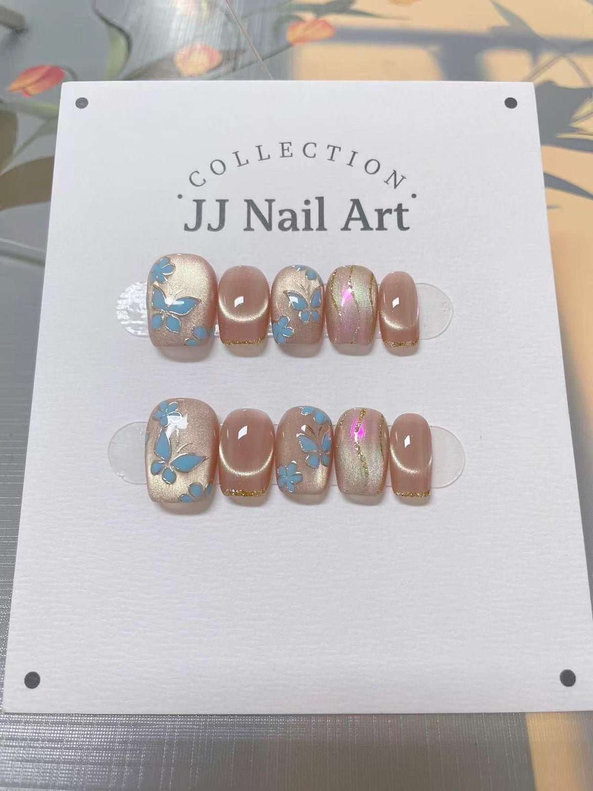 Blue Butterflies Press On Nails: Reusable Custom Shape Set
