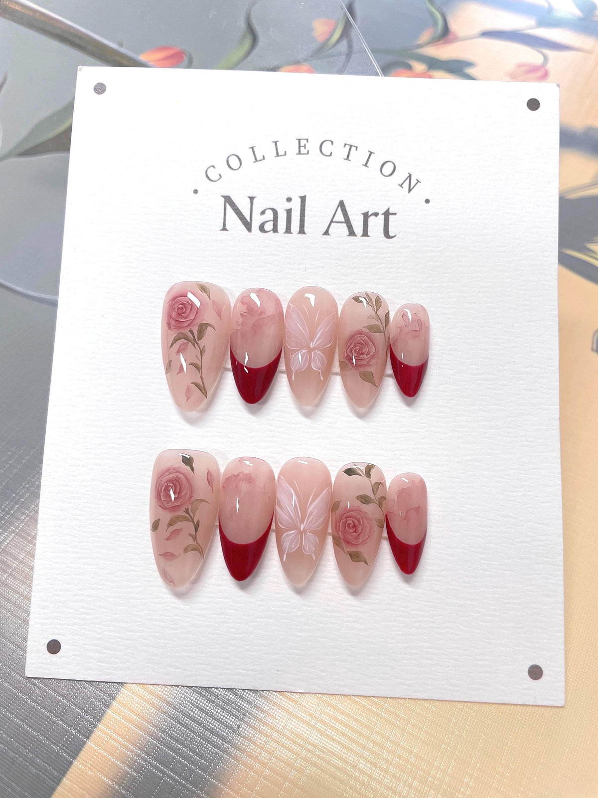 Red Roses Press On Nails: Hand Painted Reusable Faux Nails