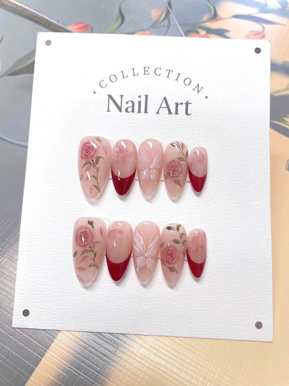 Red Roses Press On Nails: Hand Painted Reusable Faux Nails
