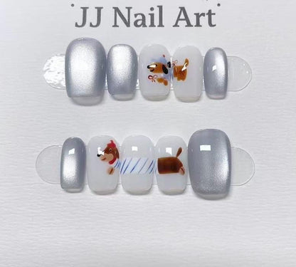 Hand Painted Sausage Dog Press On Nails: Reusable Cat Eye Nail Set
