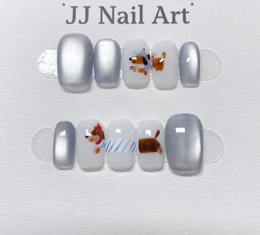 Hand Painted Sausage Dog Press On Nails: Reusable Cat Eye Nail Set