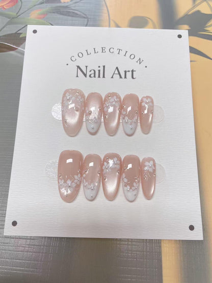 Hand Painted French Cat Eye Press On Nails: Elegant Petal Design