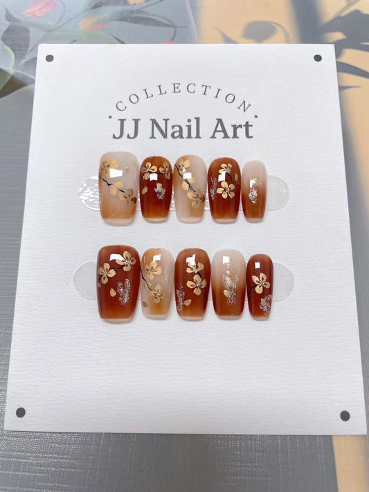 Gold Cherry Blossom Hand Painted Press On Nails: Custom Shape Reusable Nail Set