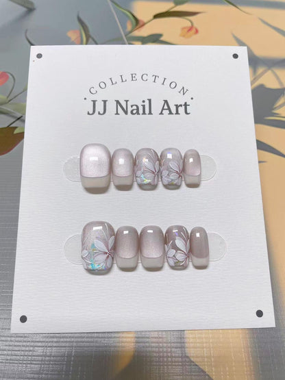 White Petals French Press On Nails: Hand Painted Reusable Fake Nails