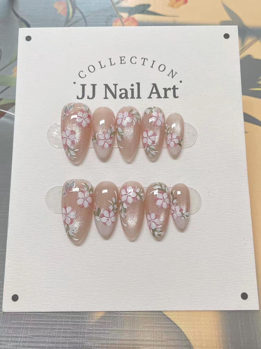 Handmade Blooming Flowers Cat Eye Petals Press On Nails: Reusable Set