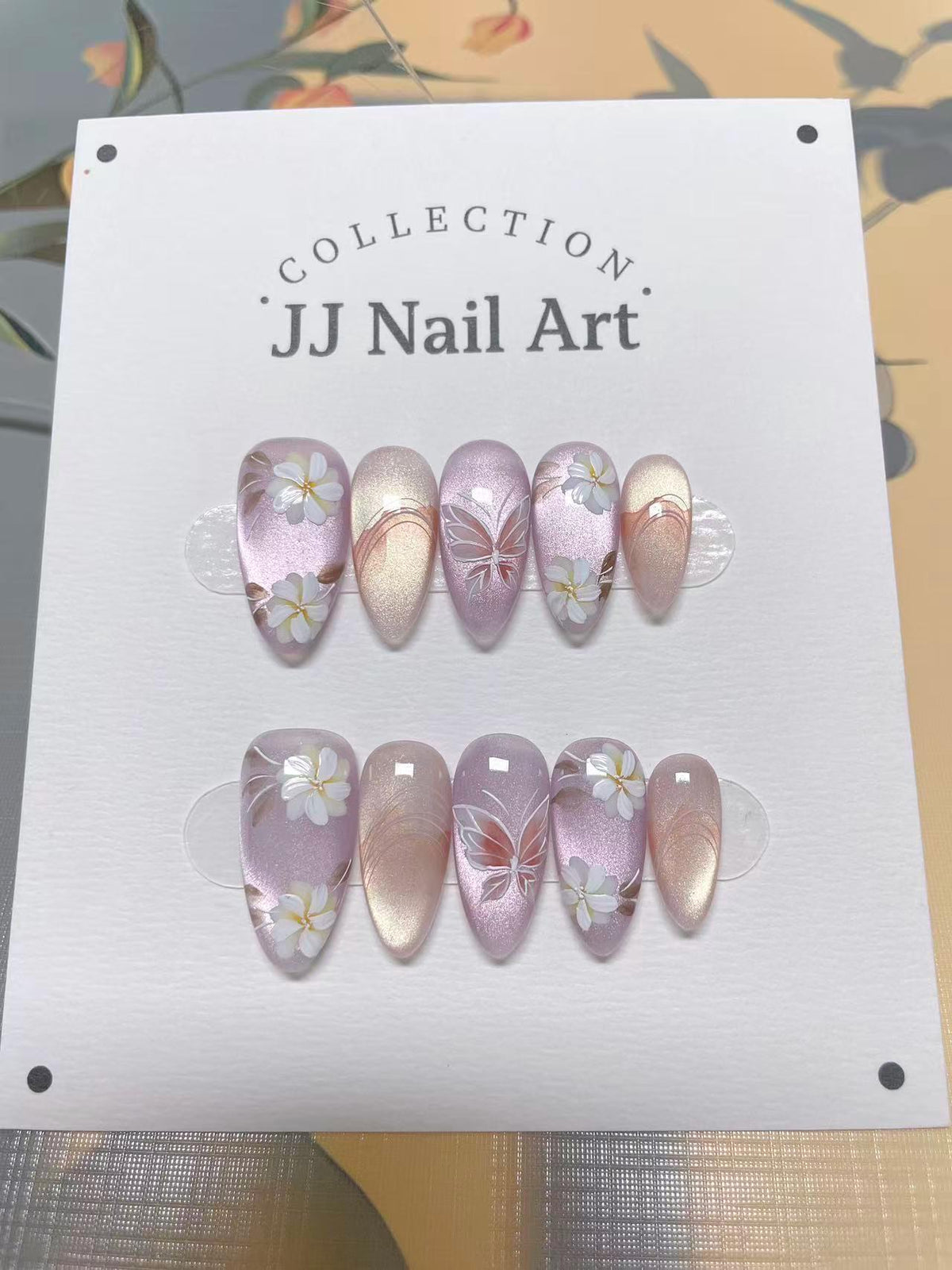 White Petals Butterfly Hand Painted Press On Nails: Custom Shape Reusable Nail Set