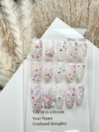 Blooming Flowers Press On Nails: Hand Painted Reusable Faux Nails
