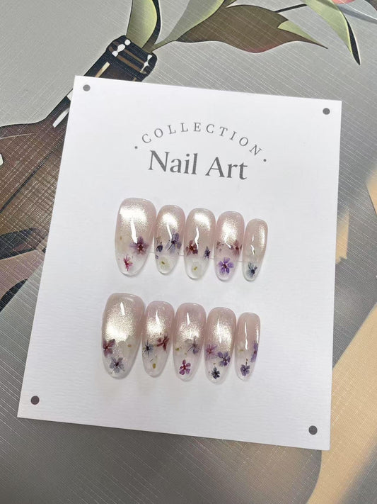 Ombre Flower Cat Eye Press On Nails: Hand Painted Reusable Faux Nails