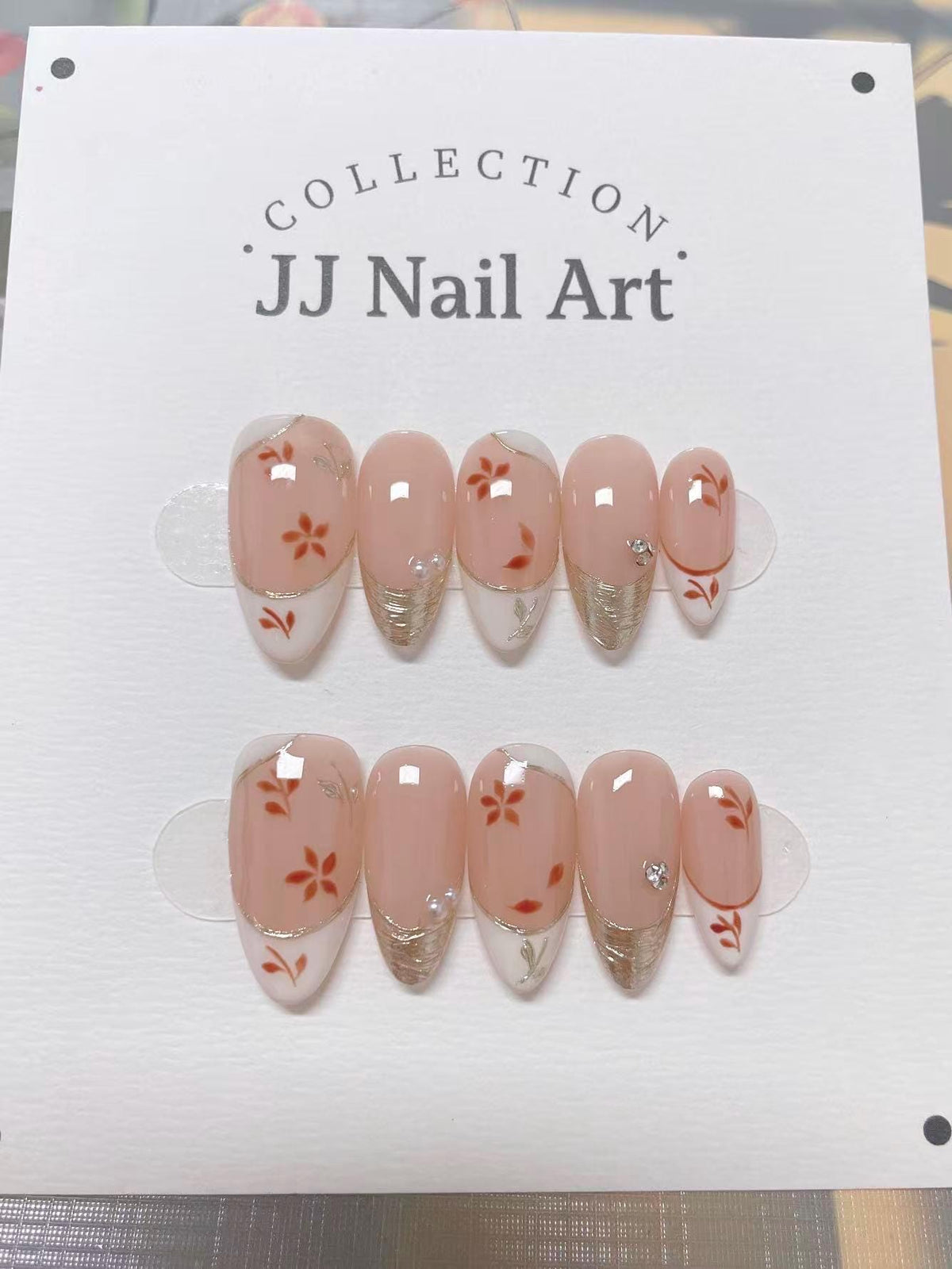 Custom Shape Press On Nails: Red Petals French Tip Hand Painted, Reusable Fake Nails
