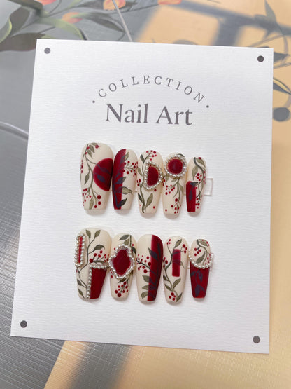 Handmade Red Floral Press On Nails: Elegant Artist Faux Nails