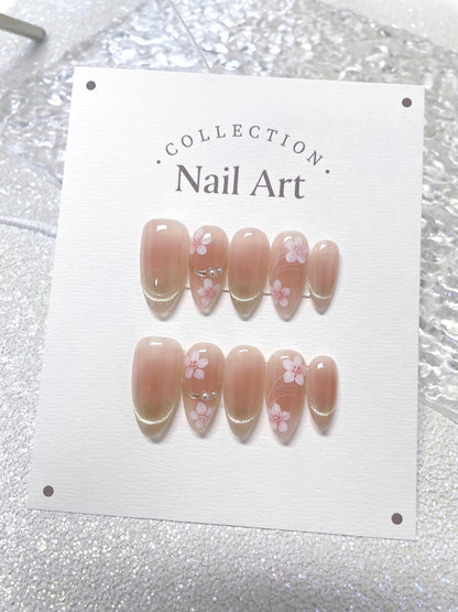 Pink Flower Cat Eye Press On Nails: Hand Painted Reusable Faux Nails