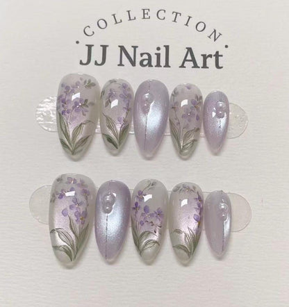 Handpainted Lavender Cat Eye Petals  Press On Nails: Floral French Reusable Set
