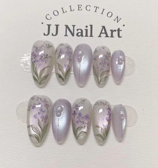 Handpainted Lavender Cat Eye Petals  Press On Nails: Floral French Reusable Set