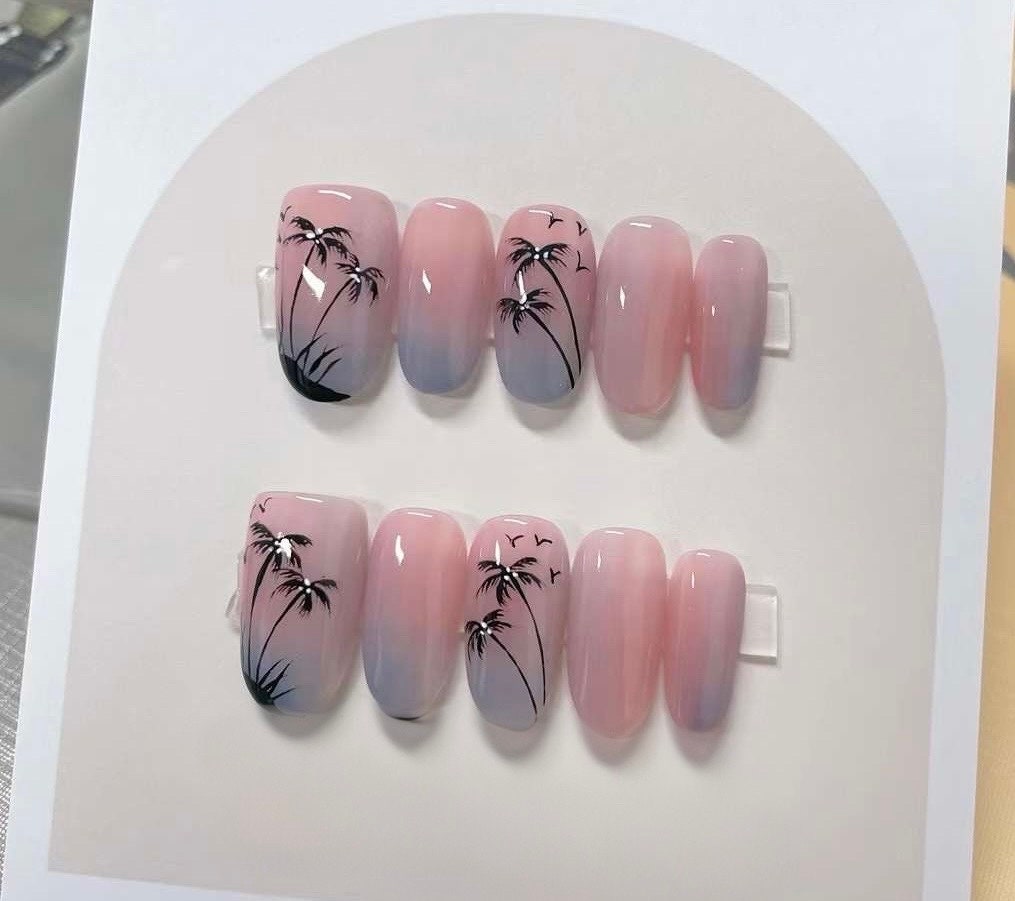 Handmade Palm Tree Press On Nails: Colorful Gel Fake Nails