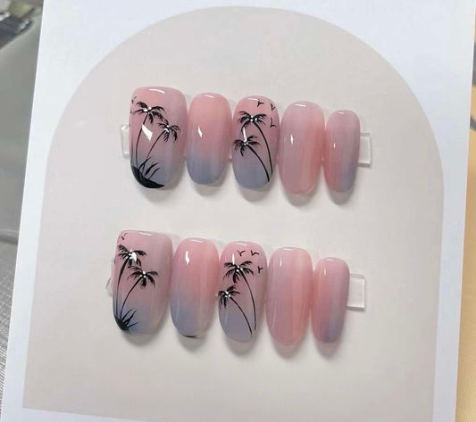 Handmade Palm Tree Press On Nails: Colorful Gel Fake Nails