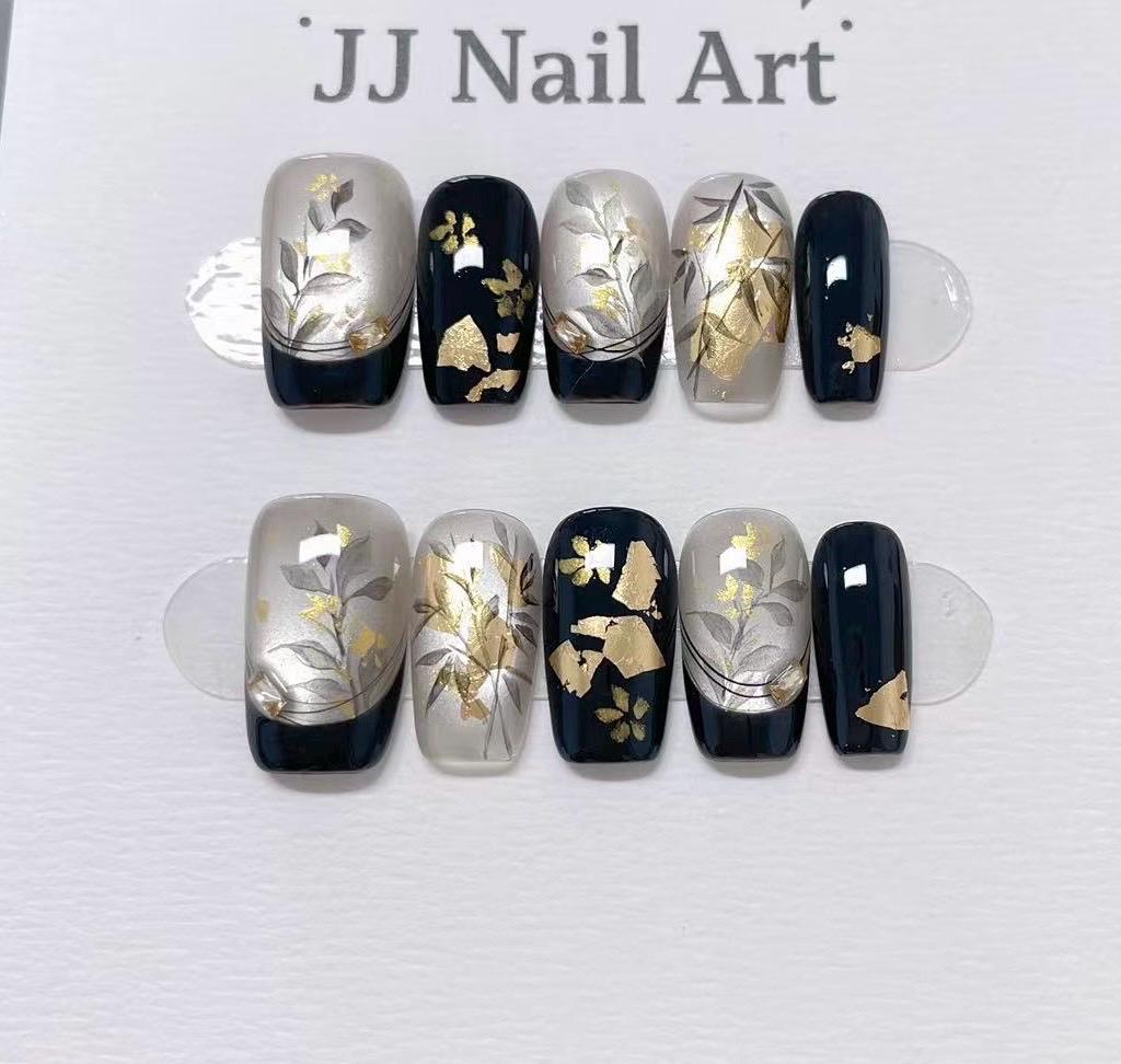 Gold Foils French Hand Painted Press On Nails: Custom Shape Reusable Nail Set