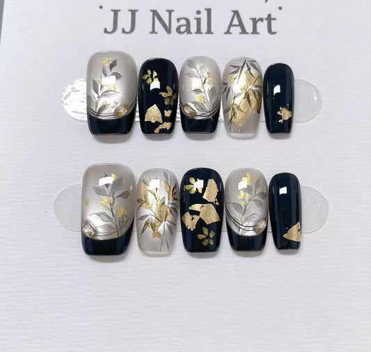 Gold Foils French Hand Painted Press On Nails: Custom Shape Reusable Nail Set