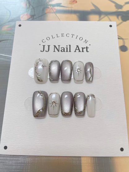 Handmade Grey Cat Eye Press On Nails: Reusable Set