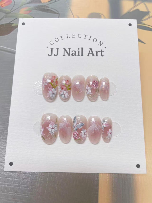 Hand Painted Flower Press On Nails: Reusable Artist Faux Nails