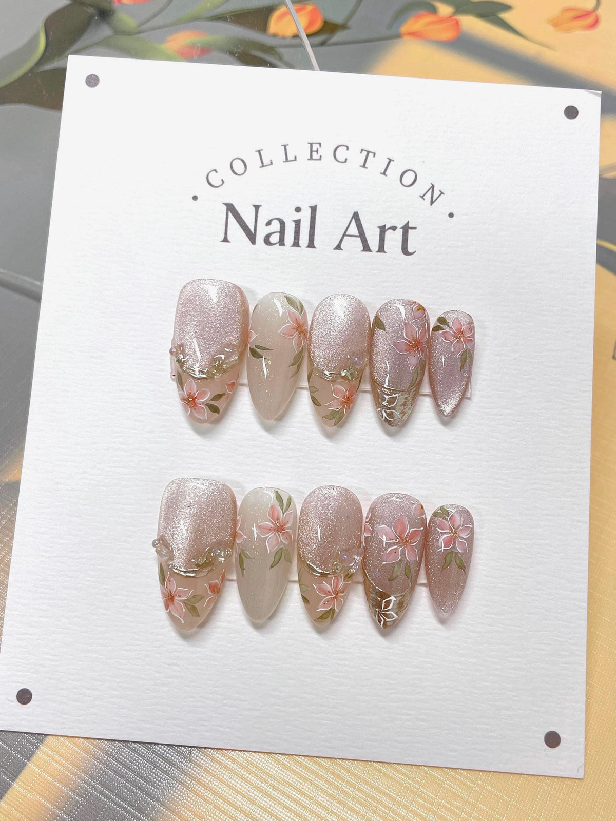 Hand Painted Pink Flower Cat Eye Press On Nails: Reusable Faux Nails