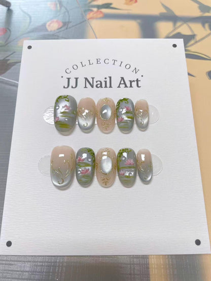 Handmade Water Lilies Ombre Press On Nails: Reusable Set
