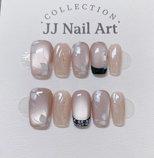 Handmade Cat Eye Press On Nails: Floral French Reusable Set