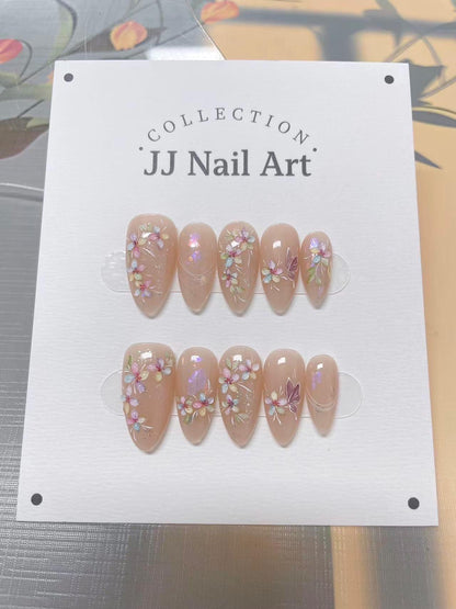 Hand Painted Press On Nails, Aurora Flower Chains, Reusable Custom Nail Shape