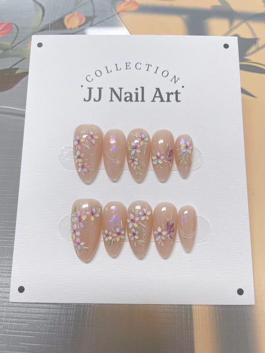 Hand Painted Press On Nails, Aurora Flower Chains, Reusable Custom Nail Shape