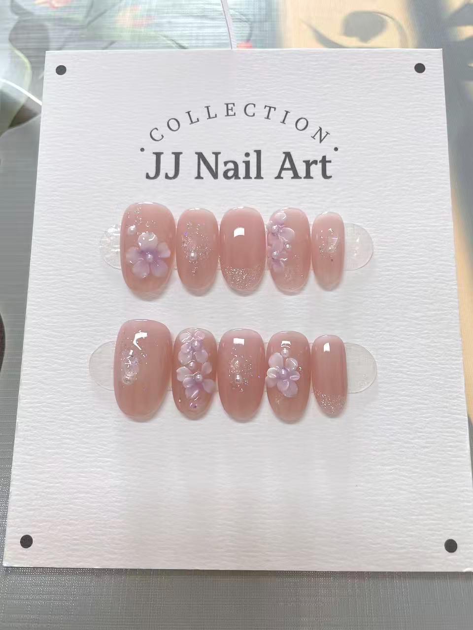 Handmade 3D Pink Petals Glitters Press On Nails: Reusable Nail Set