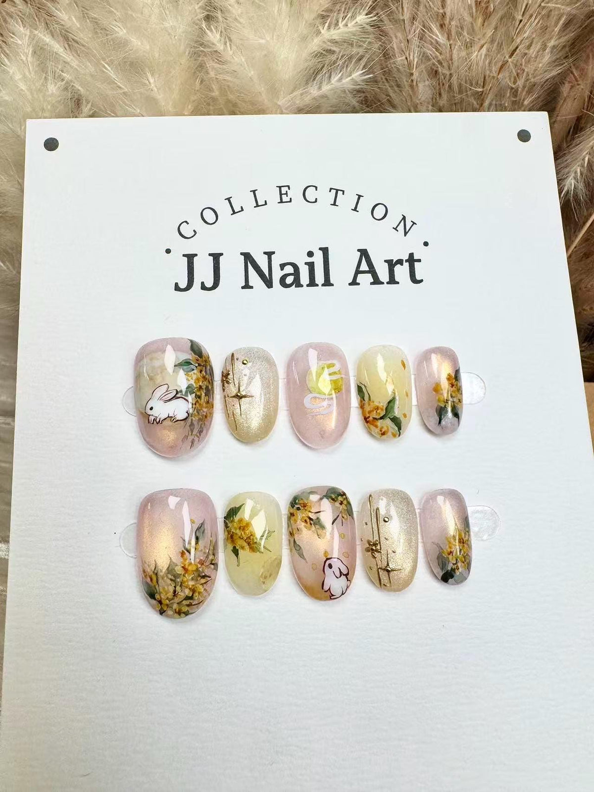Bunnies Flowers Moon Press On Nails: Hand Painted Reusable Fake Nails