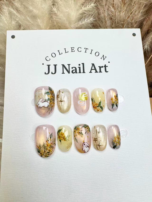 Bunnies Flowers Moon Press On Nails: Hand Painted Reusable Fake Nails