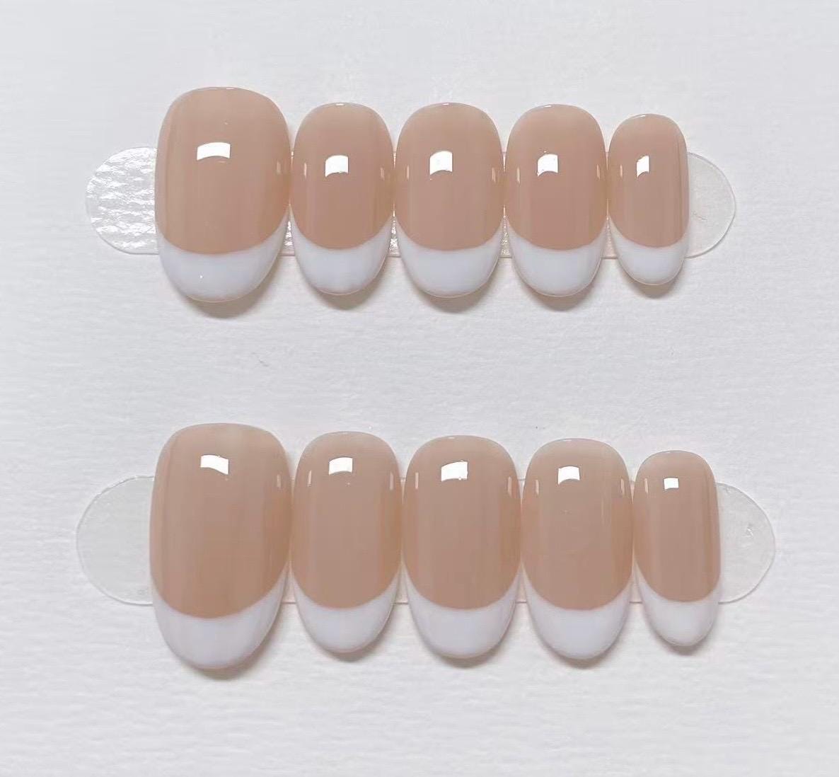 Custom Shape Press On Nails: White French Tips Hand Painted, Reusable Fake Nails