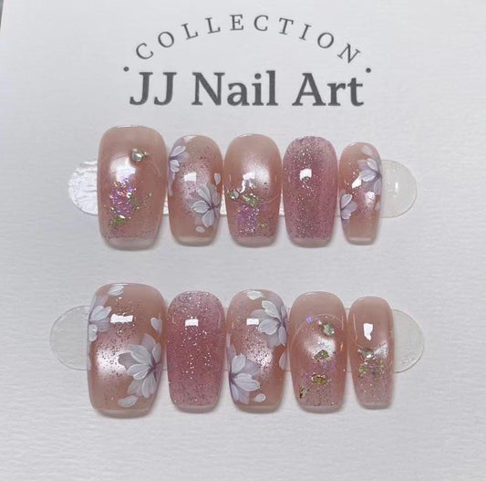 Handmade Petals Glitters Cat Eye Press On Nails: Reusable Set