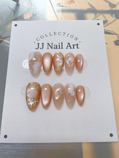 Peach Cat Eye Handmade Press On Nails: Custom Shape Reusable Set