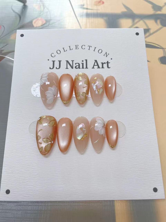 Peach Cat Eye Handmade Press On Nails: Custom Shape Reusable Set