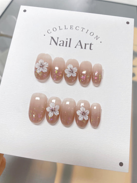 Blooming Spring Glitter Press On Nails: Hand Painted Floral Faux Nails