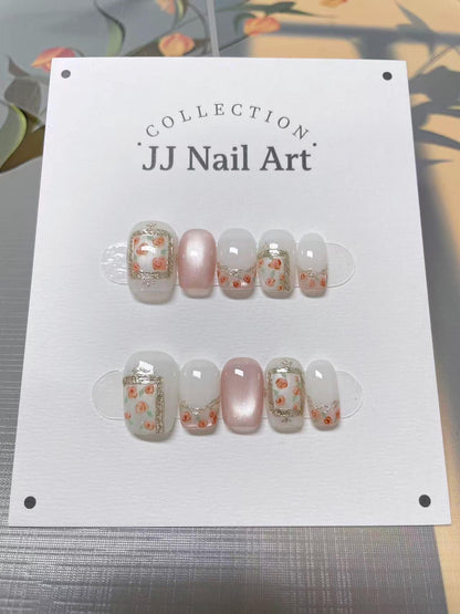 Roses With Frame Cat Eye Press On Nails: Hand Painted Reusable Fake Nails