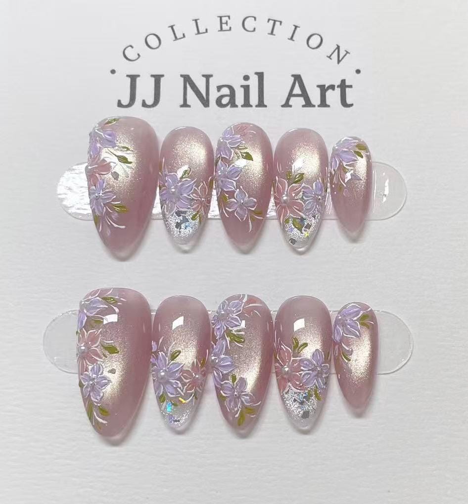 Handmade Pastel Florals Cat Eye Press On Nails: Reusable Set