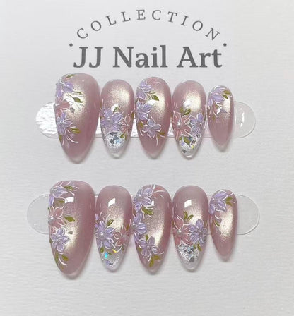 Handmade Pastel Florals Cat Eye Press On Nails: Reusable Set