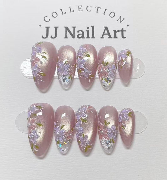 Handmade Pastel Florals Cat Eye Press On Nails: Reusable Set