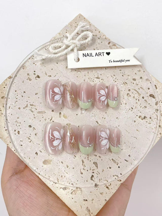 Hand Painted White Pearl Press On Nails: Green French Tip, Reusable Fake Nails