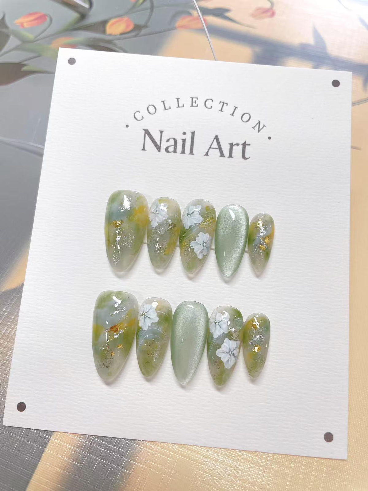 Green Smudge Press On Nails: White Flower Hand Painted Faux Nails