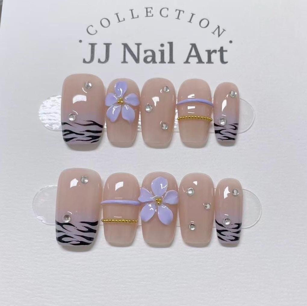 Purple Flower Handmade Press On Nails: Reusable Custom Shape Set