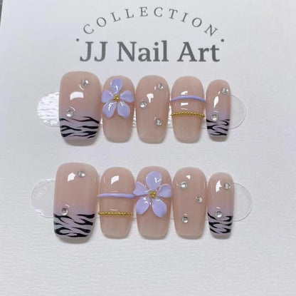 Purple Flower Handmade Press On Nails: Reusable Custom Shape Set
